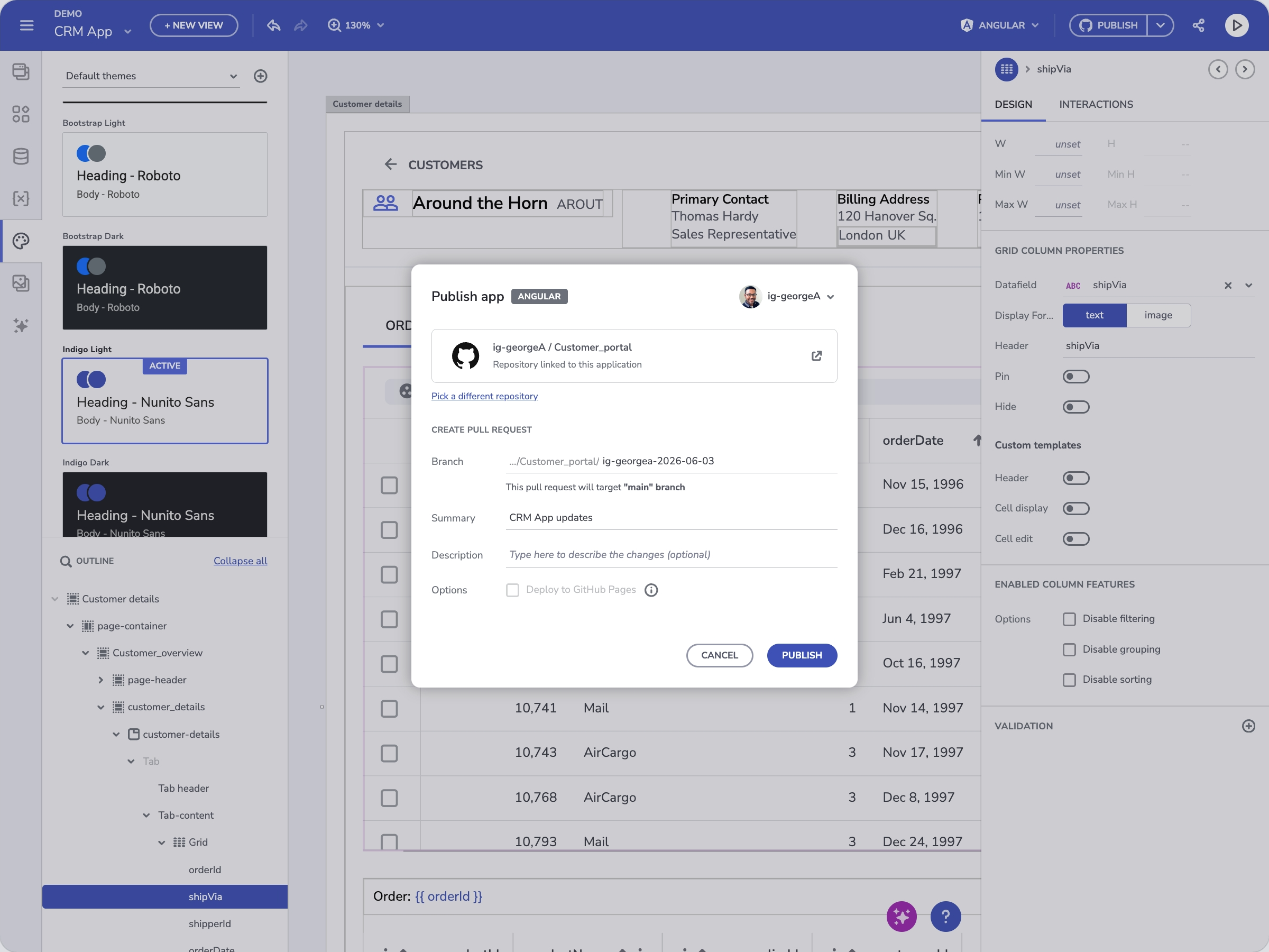 Publish dialog creating a GitHub PR from App Builder