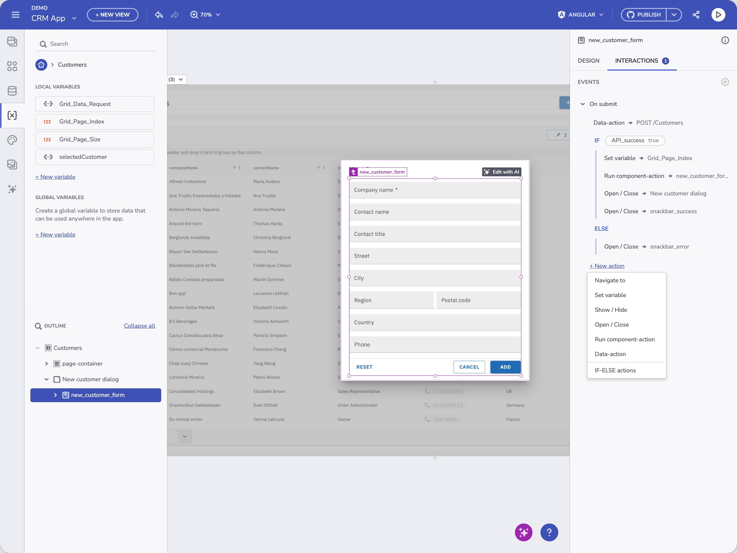Interactions panel showing event-driven data actions and IF-ELSE logic