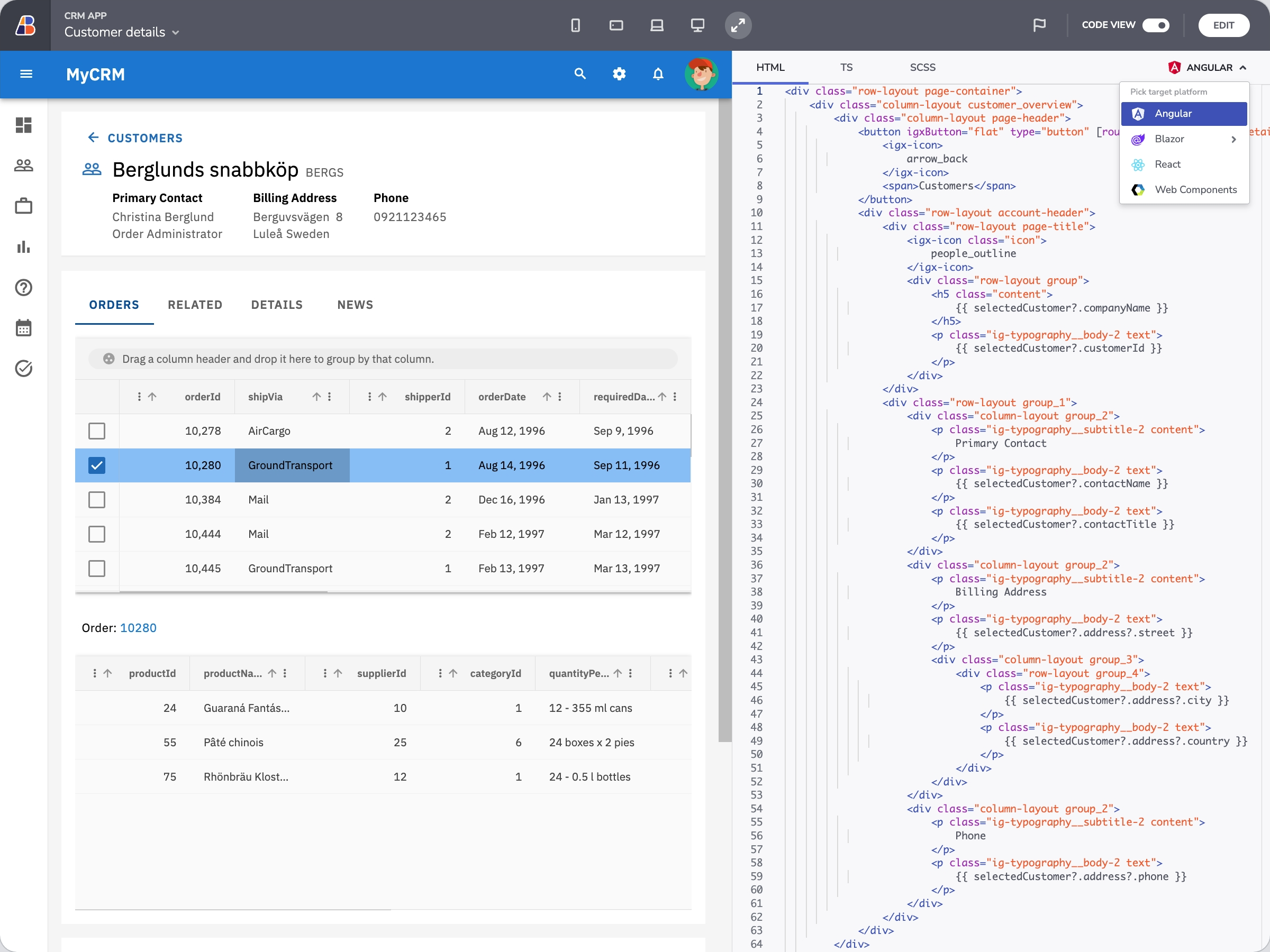 App Builder canvas alongside generated Angular code with platform picker