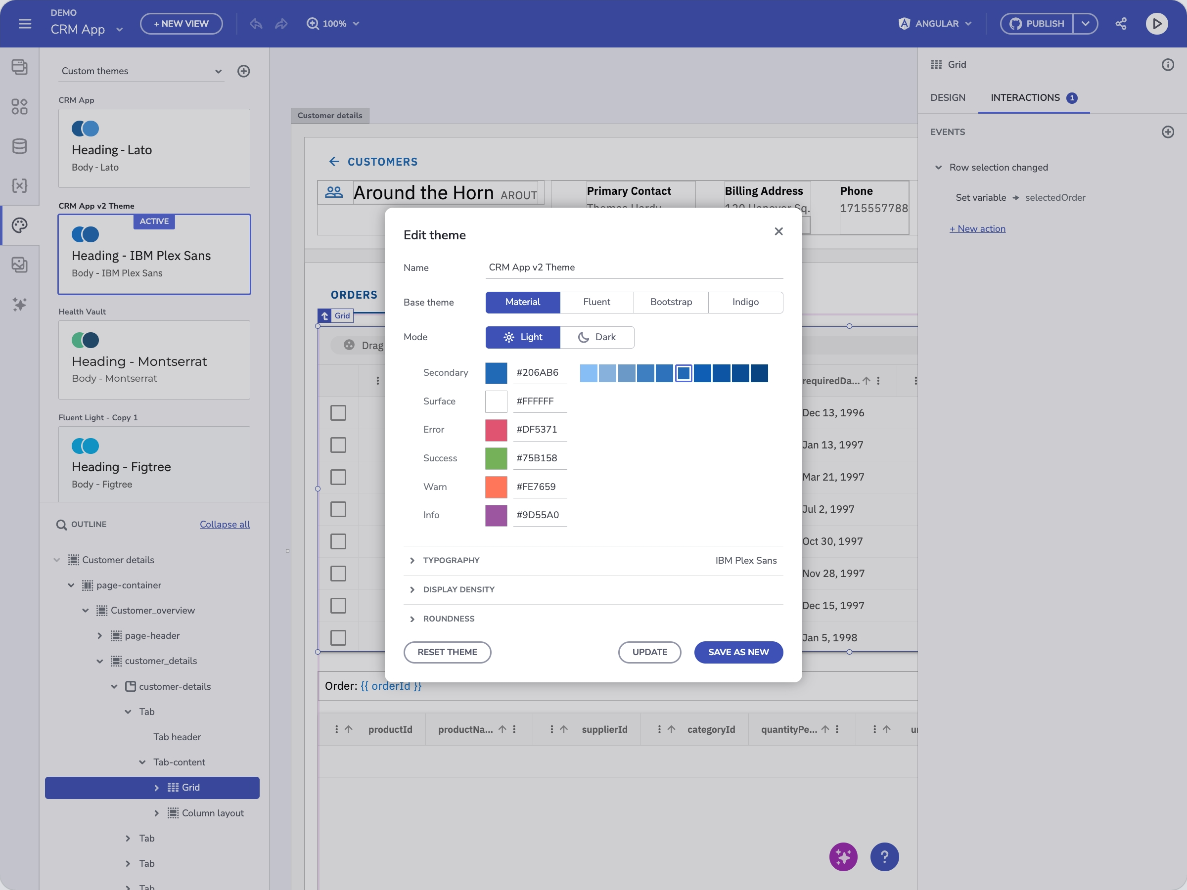 Theme editor with custom palette, typography and density controls