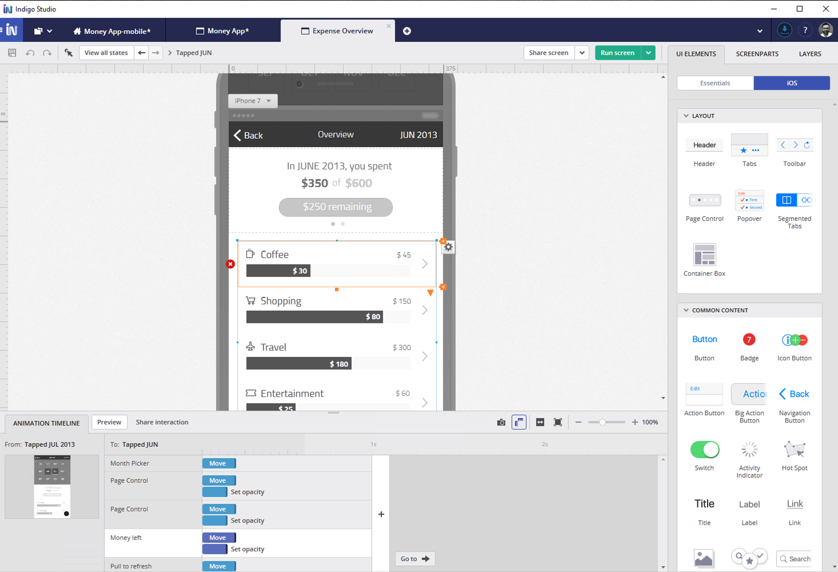 Indigo Studio showing animation timeline with interaction transitions