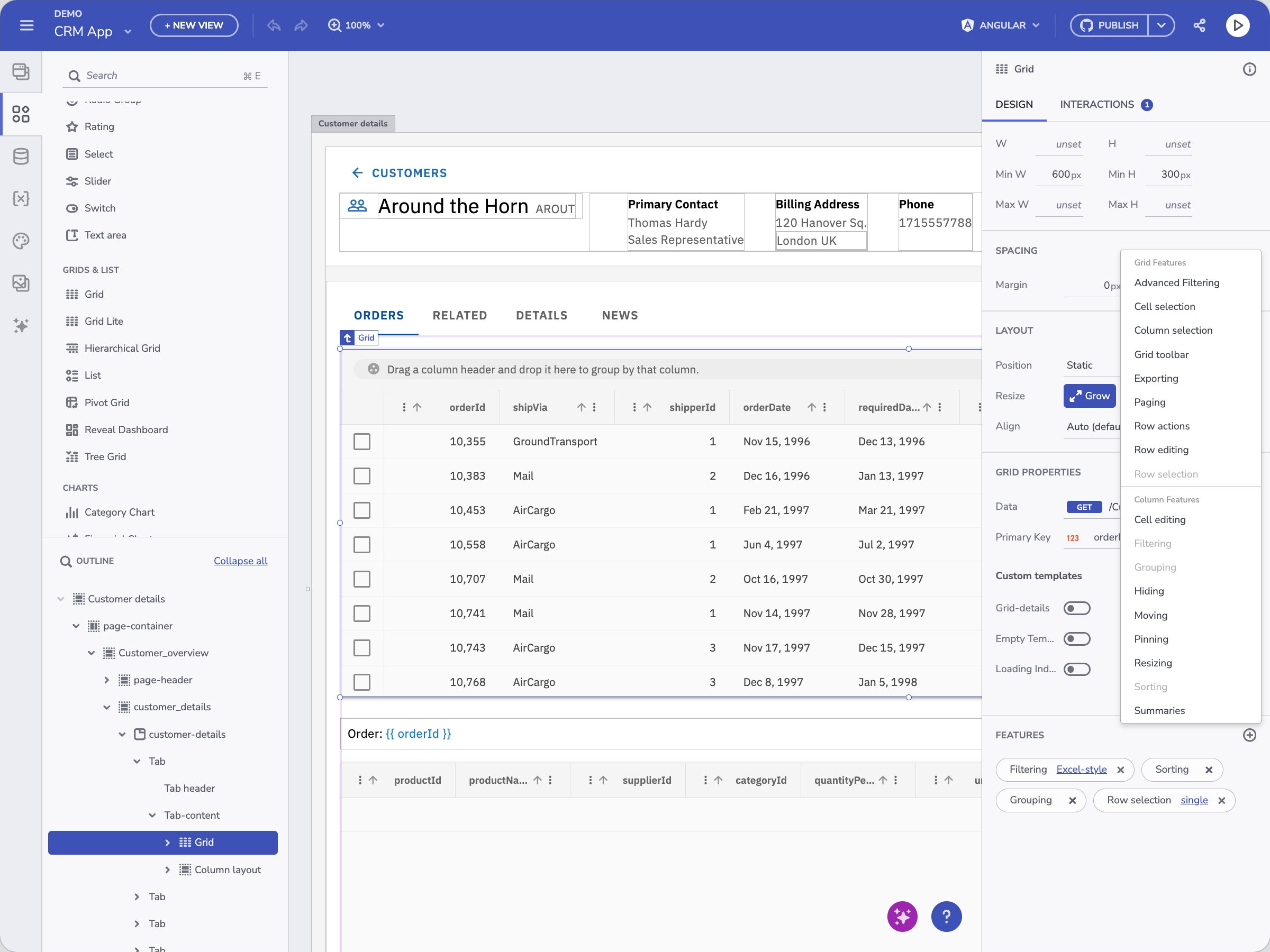 App Builder component panel showing 16+ configurable grid features