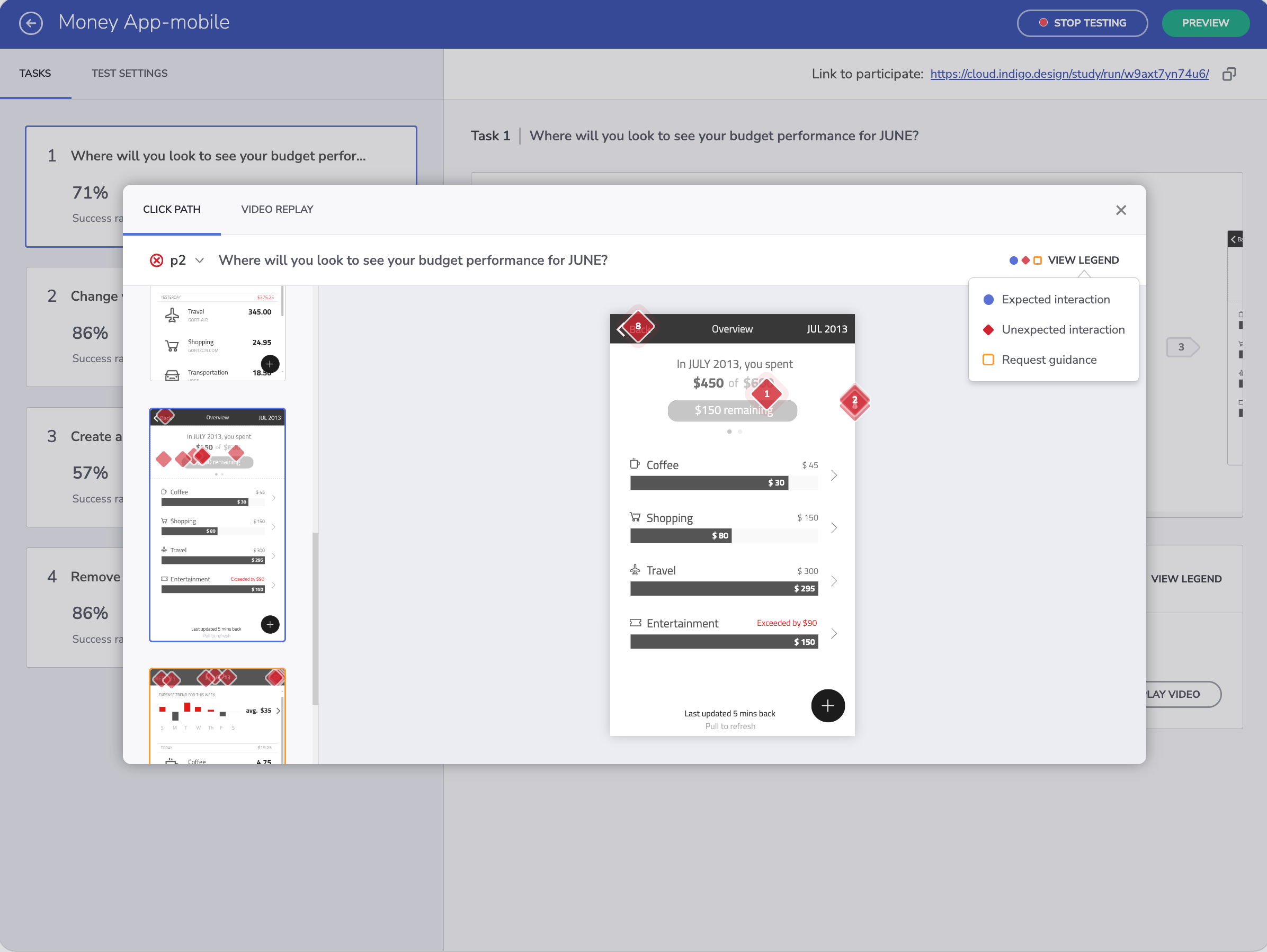 Click path view with expected and unexpected interaction markers