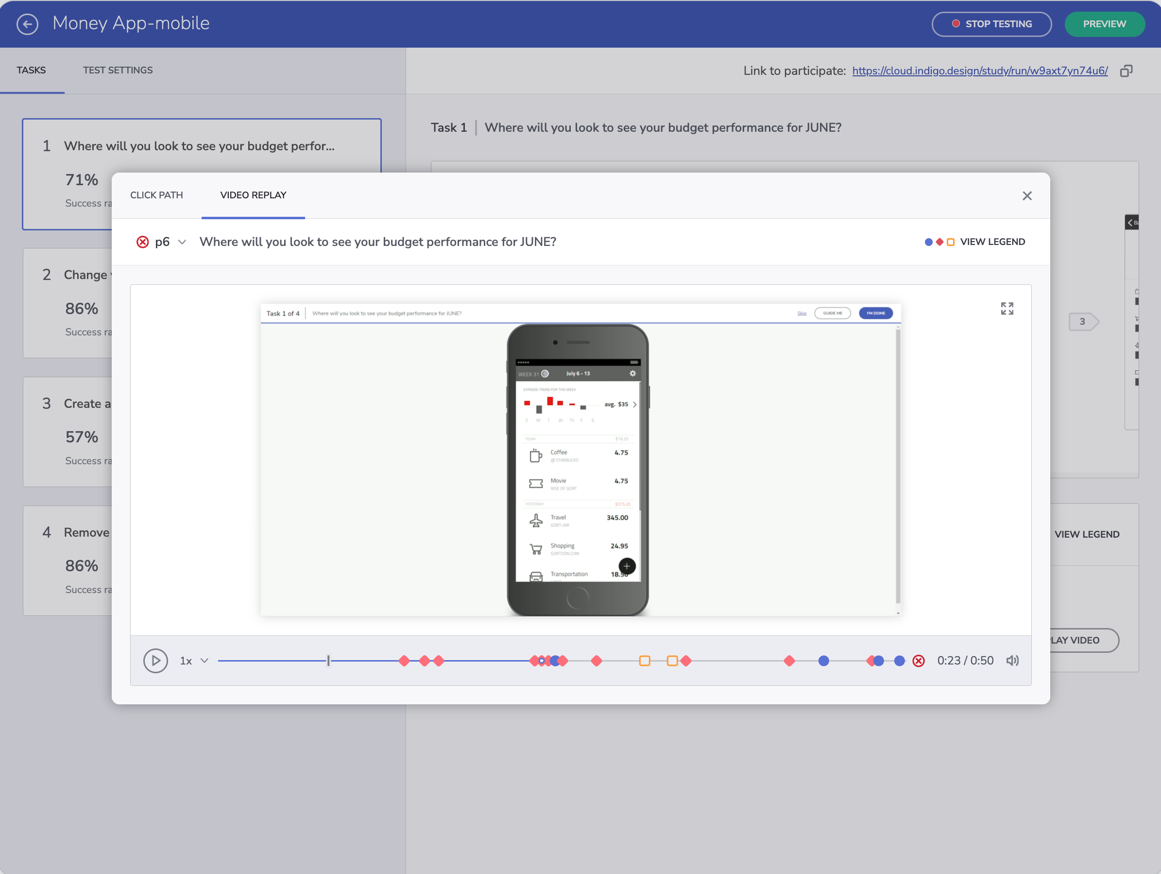 Session replay modal showing video recording with click timeline